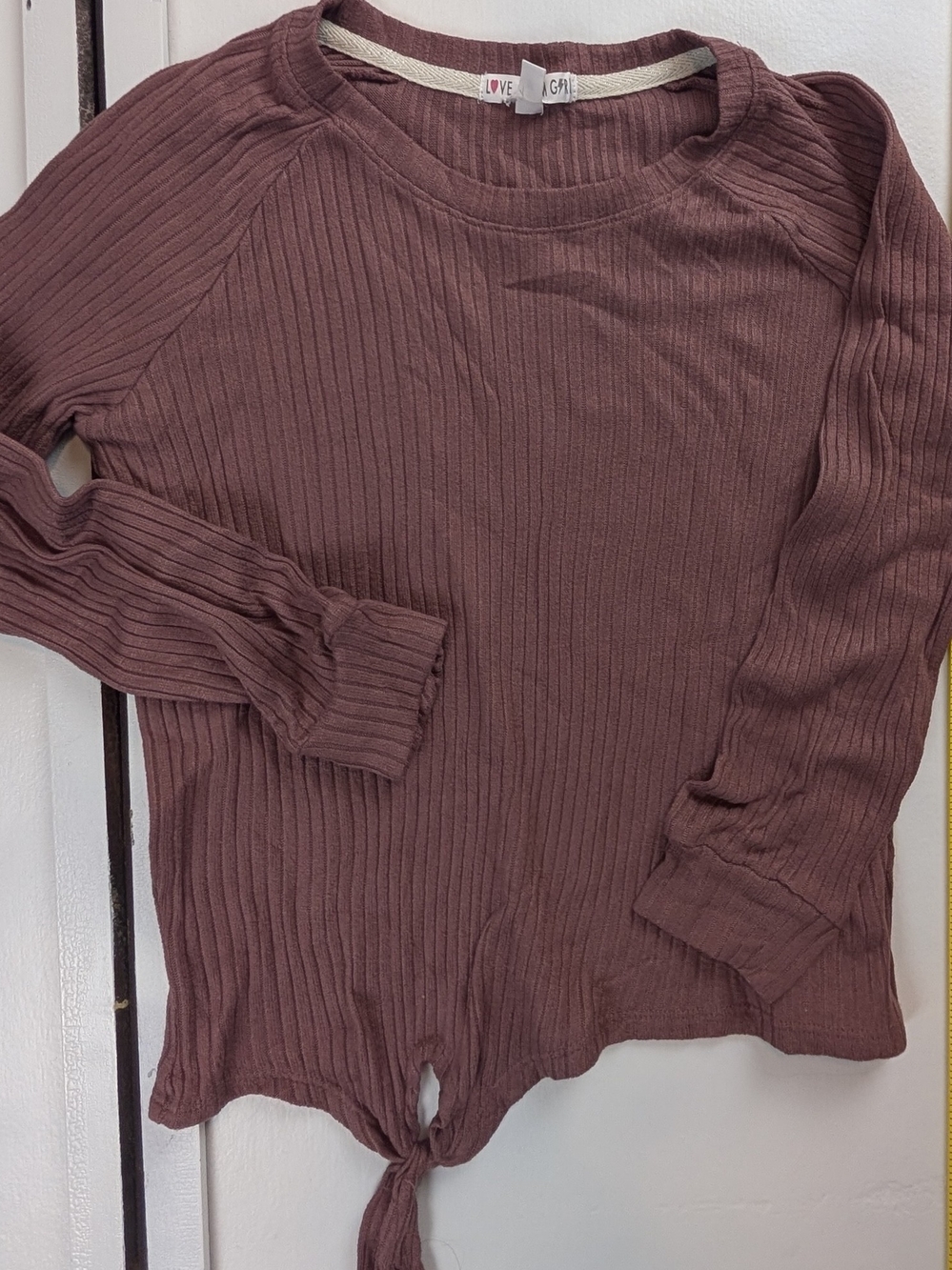 Love Tree Ribbed Long-Sleeve Tie-Front Top - Mauve